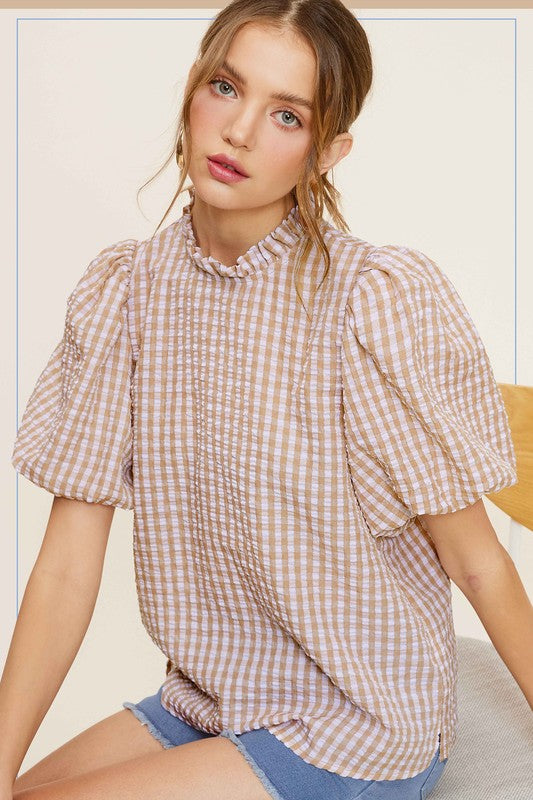 Gingham Check Print Puff Sleeve Top