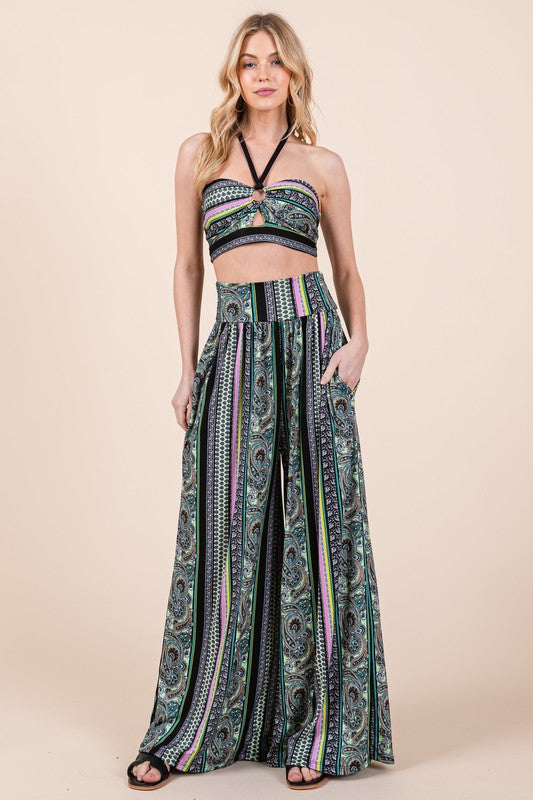 Boho. Print Wide Leg Pants with Pockets