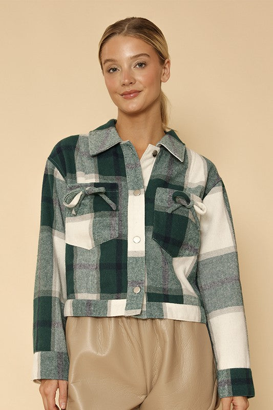 Cropped flannel jacket with bow detailing