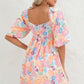 Square neck bubble puff sleeve floral coral dress