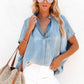 Women Sky Blue Split V Neck Oversized Denim Blouse