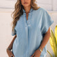 Women Sky Blue Split V Neck Oversized Denim Blouse