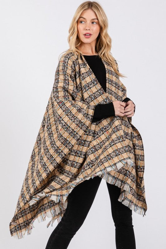 Oversize Plaid Raw Edge Ruana Cardigan