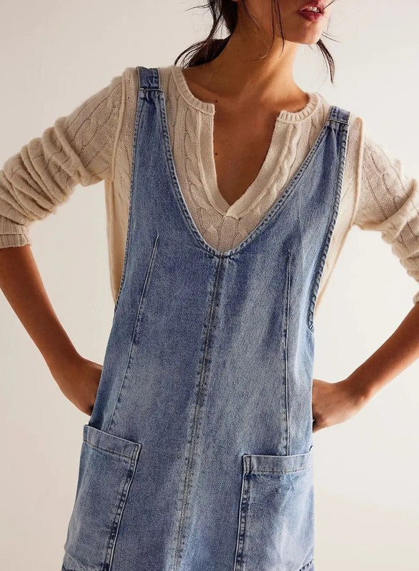 Denim scoop neck overall dress