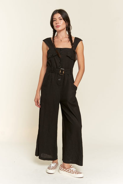 Plus Sleeveless Square Neck Button Ankle Jumpsuit