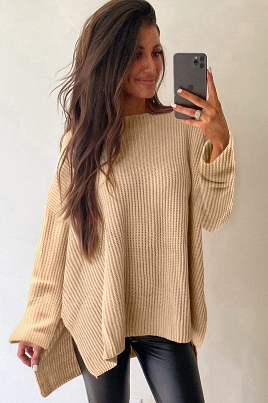 Women Knit Drop Shoulder Side Slits Loose Sweater