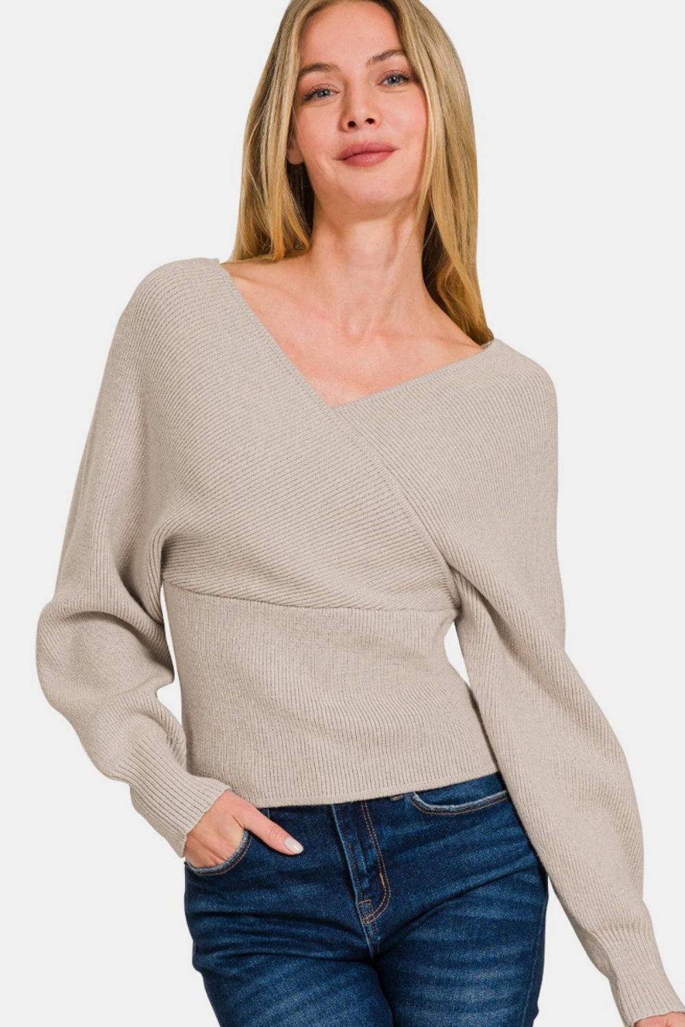 Zenana Cross Wrap Rib Long Sleeve Sweater