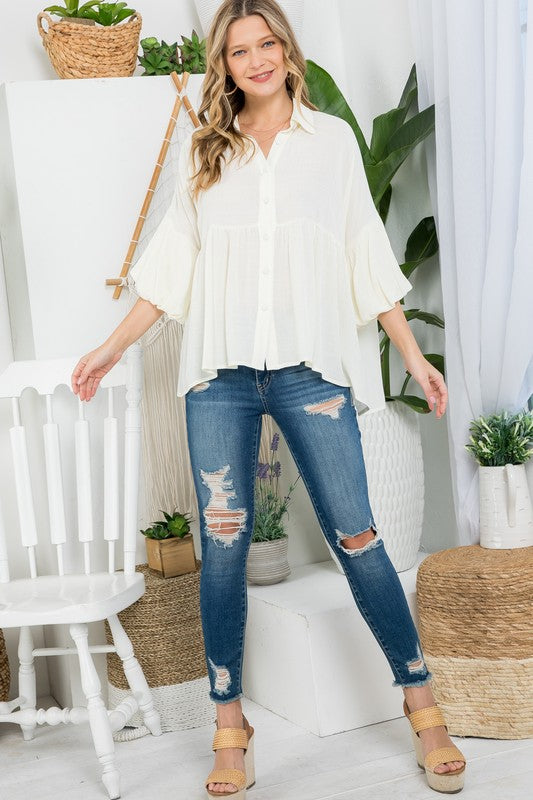 Plus Solid Button Down Blouse