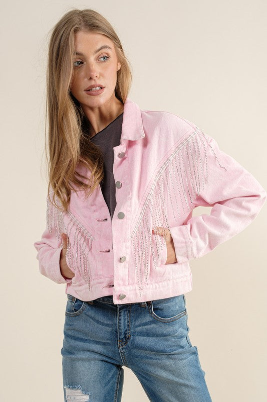 Crop Denim Jacket with Rhinestone Fringe