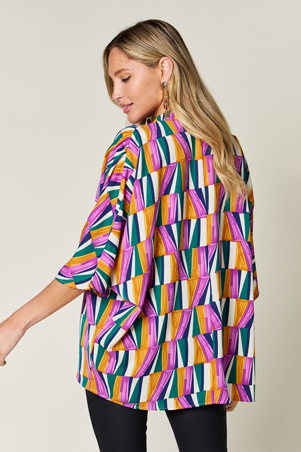 Double Take Full Size Geometric Notched Raglan Sleeve Blouse