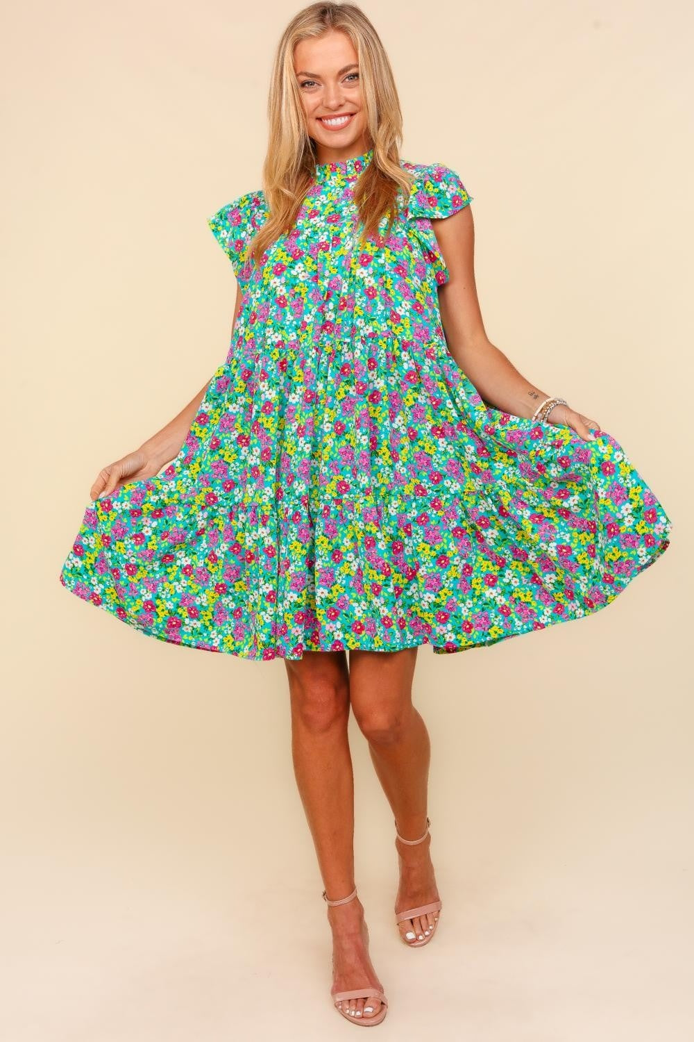 Haptics Frilled Mock Neck Ditsy Floral Dress