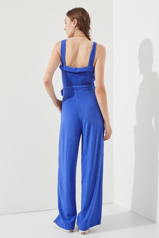 Plus Sleeveless Adjustable Strap Button Jumpsuit