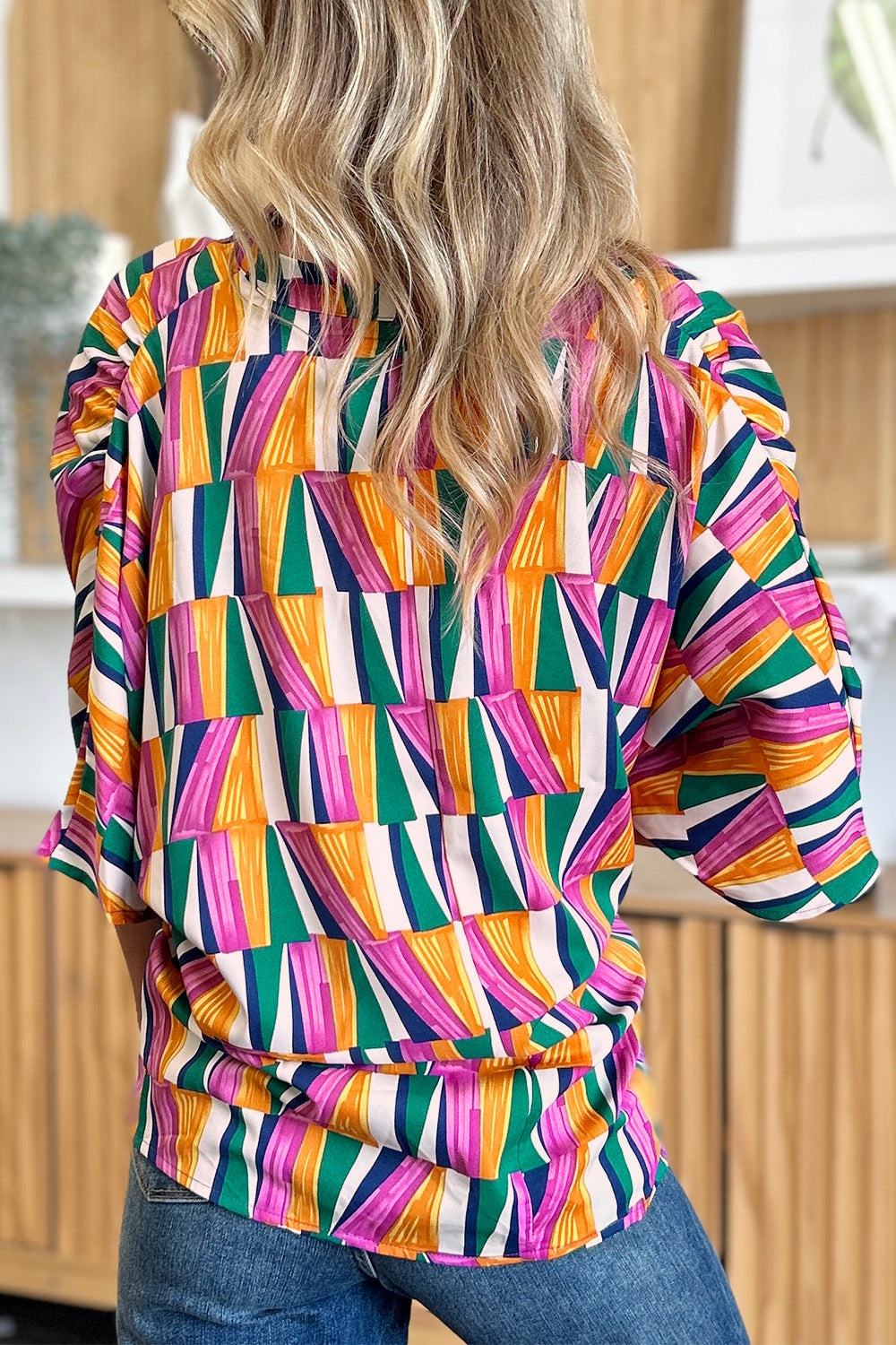 Double Take Full Size Geometric Notched Raglan Sleeve Blouse