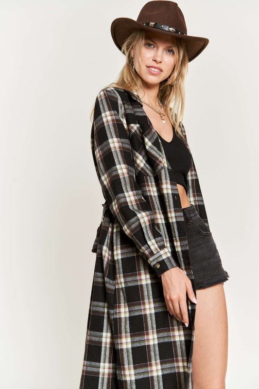 Plaid Print Collar Long Shirt Dress Plus