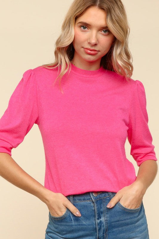 Haptics Tied Back Mock Neck Half Sleeve Knit Top