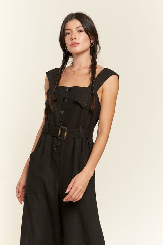 Plus Sleeveless Square Neck Button Ankle Jumpsuit