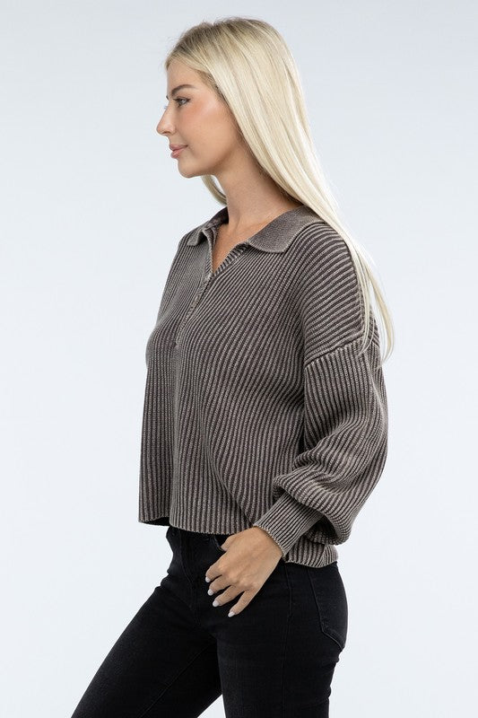 Washed Collared Henley Sweater