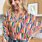 Double Take Full Size Geometric Notched Raglan Sleeve Blouse