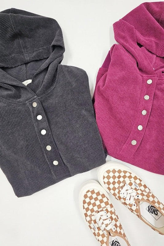 Long Sleeve Button Down Ribbed Hooded Sweatshirt