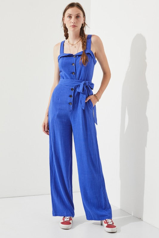 Plus Sleeveless Adjustable Strap Button Jumpsuit