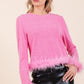 Mittoshop Feather Trim Long Sleeve Crop Hacci Knit Top