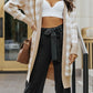 Women Khaki Open Front Plaid Long Cardigan