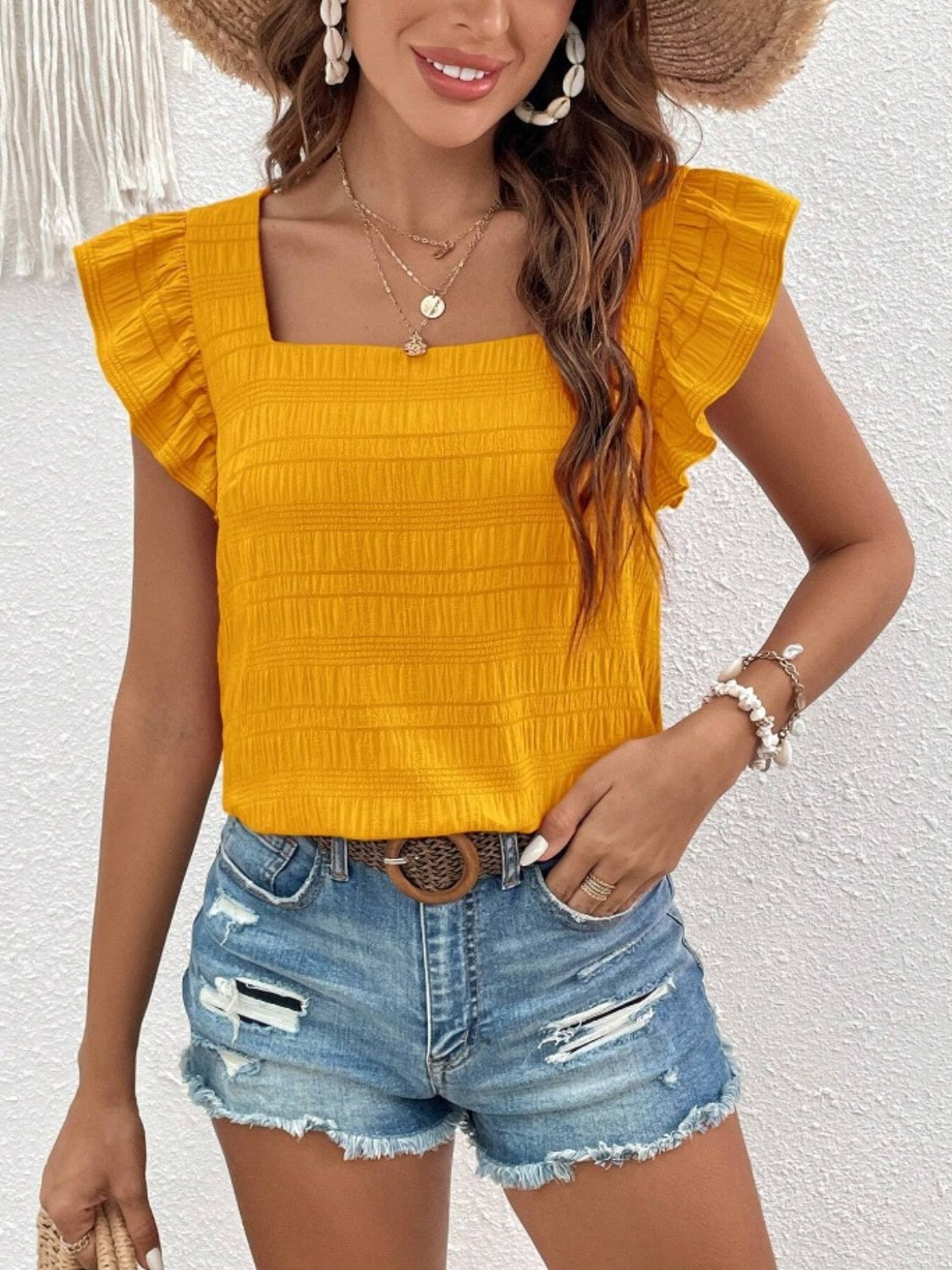 Ruffled Square Neck Cap Sleeve Blouse