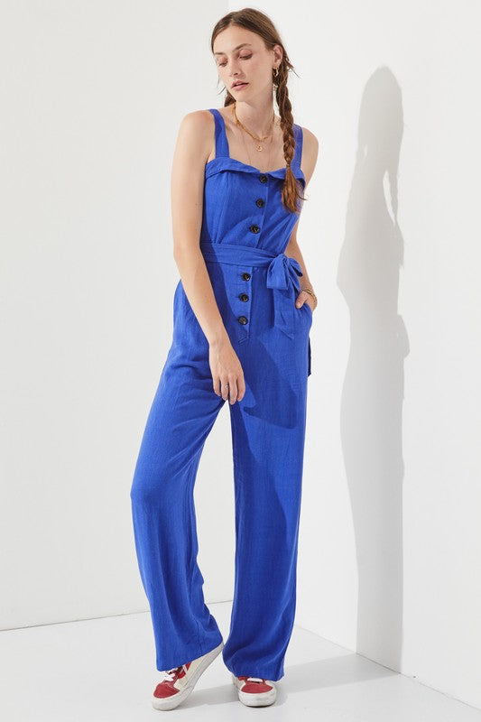 Sleeveless Adjustable Strap Button Down Jumpsuit