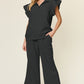 Double Take Texture Ruffle Short Sleeve Top and Drawstring Wide Leg Pants Set