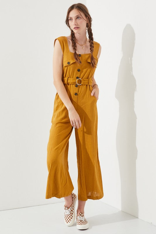 Plus Sleeveless Square Neck Button Ankle Jumpsuit