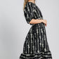 Umgee Bow Tie Print Notched Contrast Velvet Trim Midi Dress