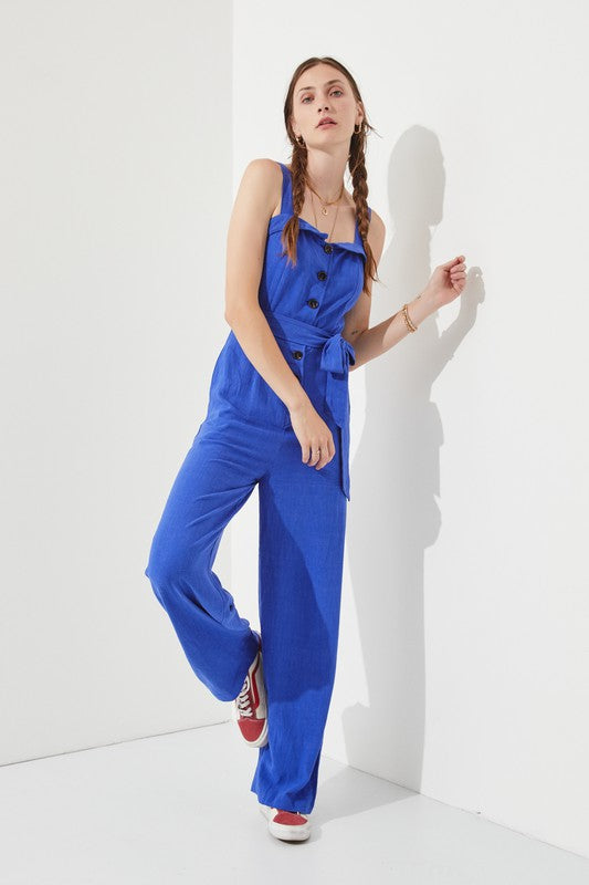 Plus Sleeveless Adjustable Strap Button Jumpsuit