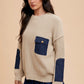 Annie Wear Contrast Round Neck Drop Shoulder Sweater with Patch Pocket