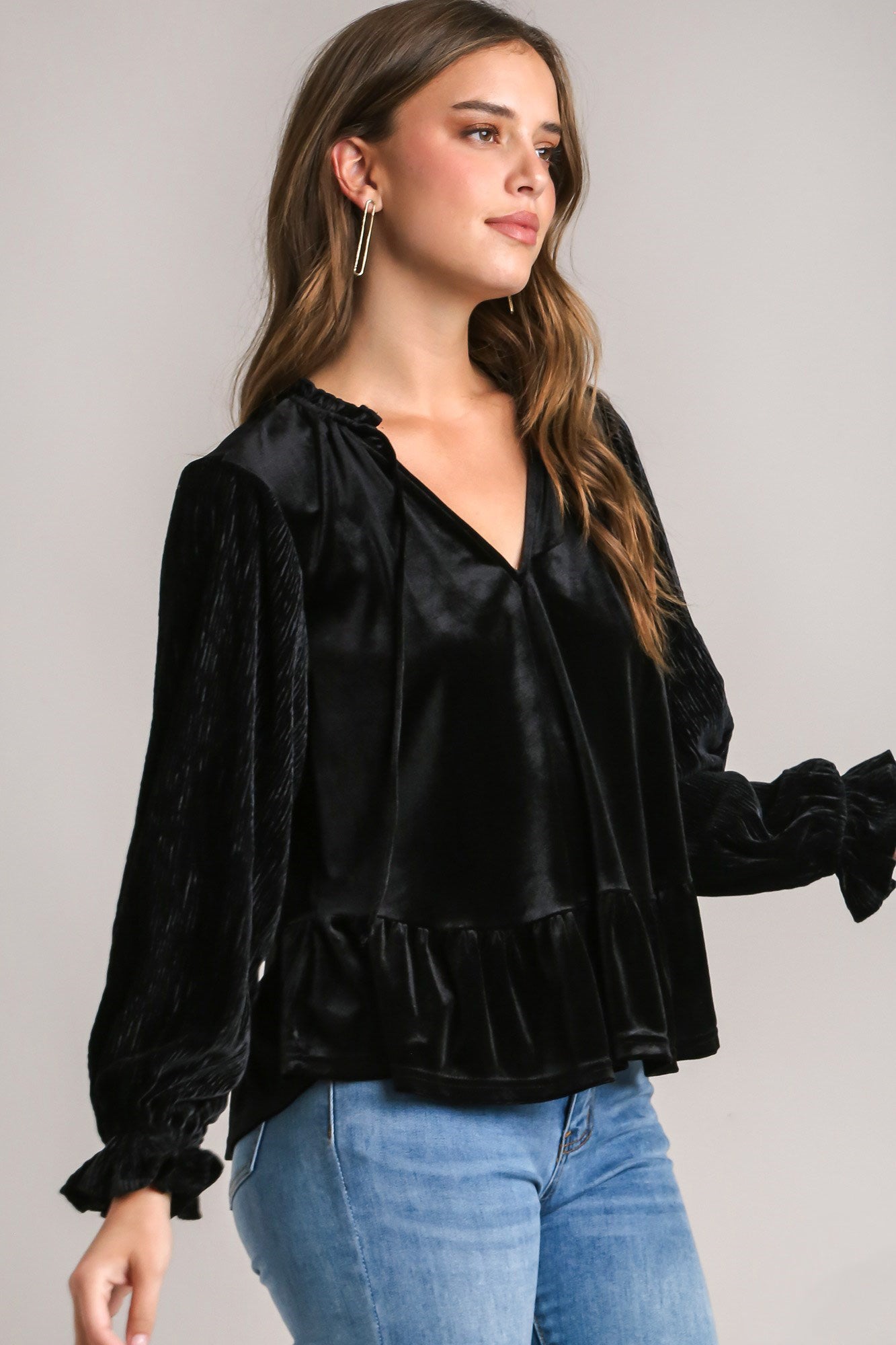 Umgee Babydoll Tie Neck Flounce Sleeve Blouse