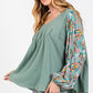 SAGE + FIG Ruched Round Neck Printed Bubble Sleeve Top