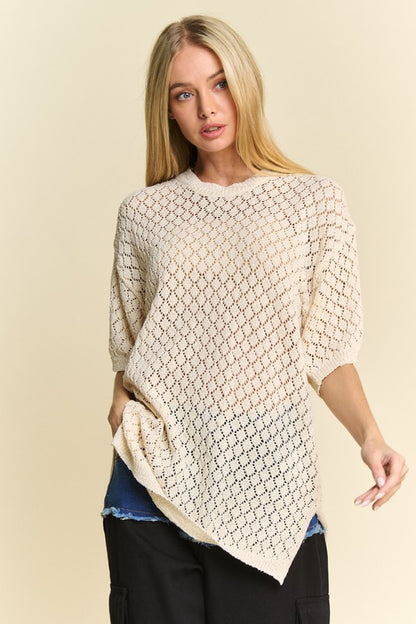 Davi & Dani Side Slit Openwork Round Neck Half Sleeve Knit Cover Up