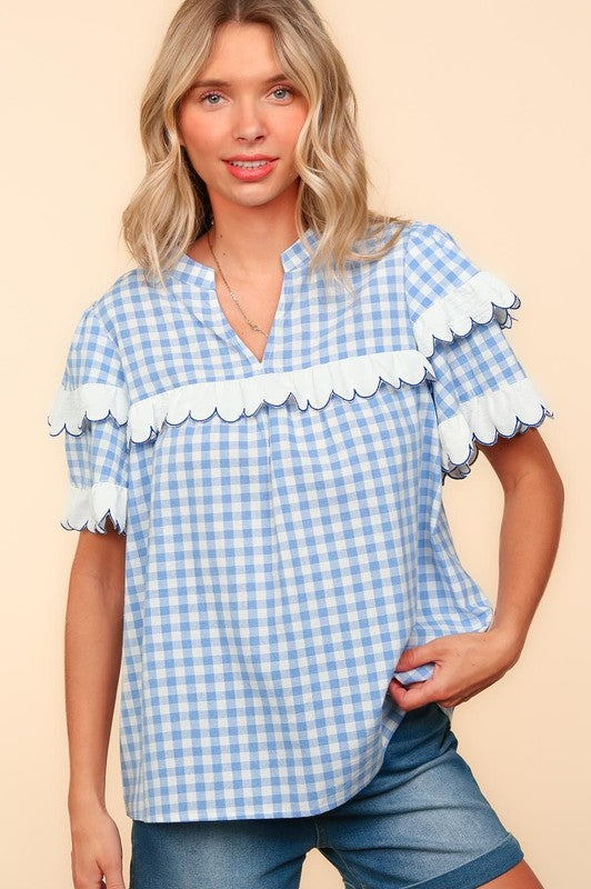 Haptics Full Size Plaid Scallop Hem Notched Short Sleeve Blouse