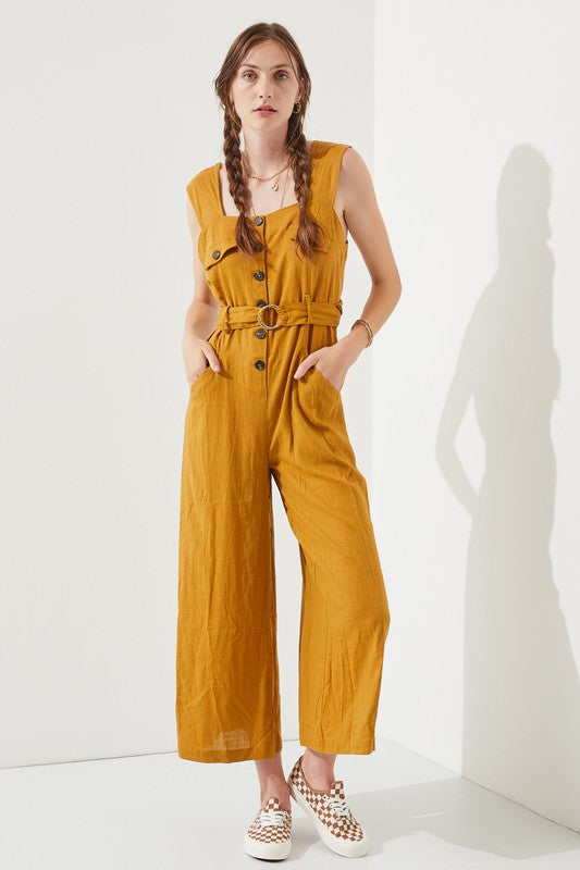 Plus Sleeveless Square Neck Button Ankle Jumpsuit