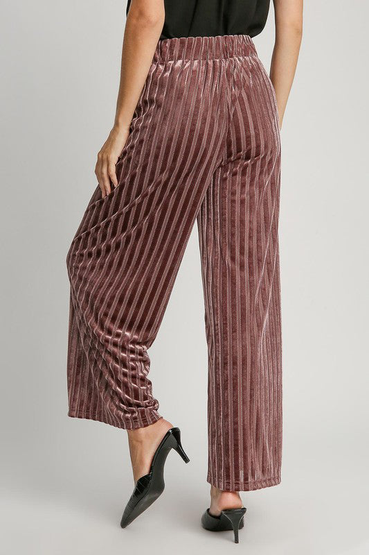 Umgee Full Size Elastic Waist Striped Wide Leg Velvet Pants