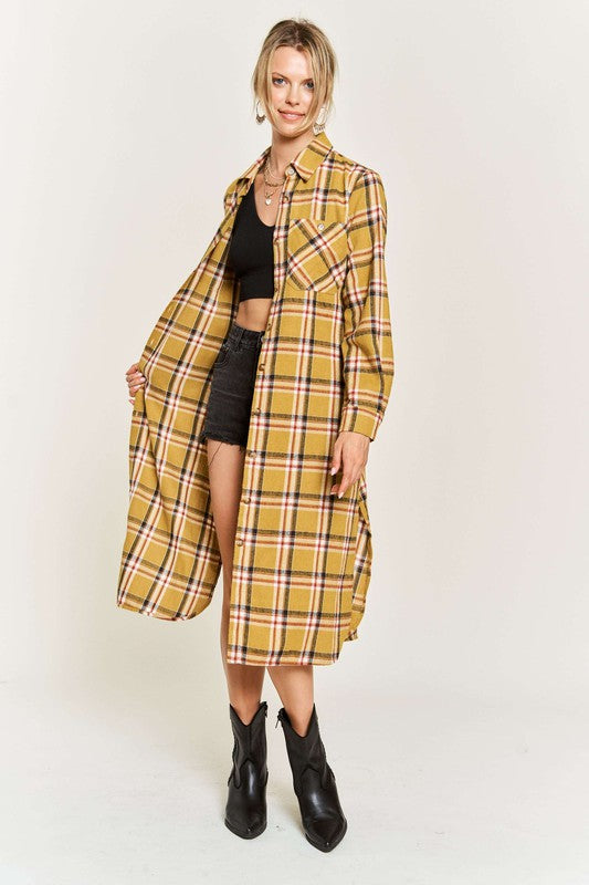 Plaid Print Collar Long Shirt Dress Plus