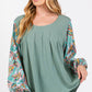 SAGE + FIG Ruched Round Neck Printed Bubble Sleeve Top