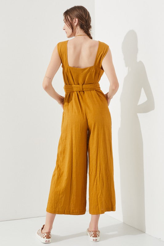 Plus Sleeveless Square Neck Button Ankle Jumpsuit