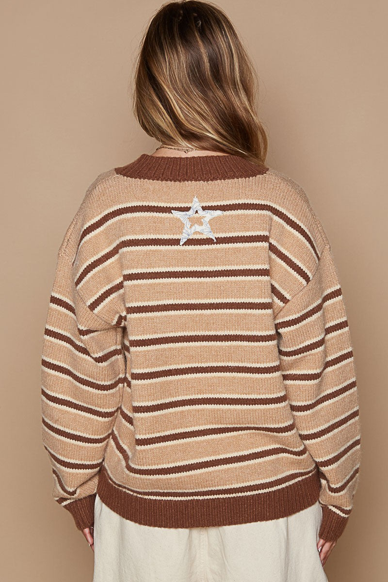 POL Star Patch Stripe Round Neck Sweater