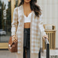 Women Khaki Open Front Plaid Long Cardigan