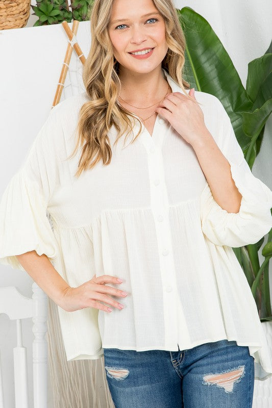 Plus Solid Button Down Blouse