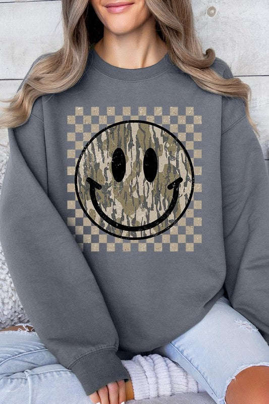 Retro Camo Smiley Face Plus Fleece Sweatshirts