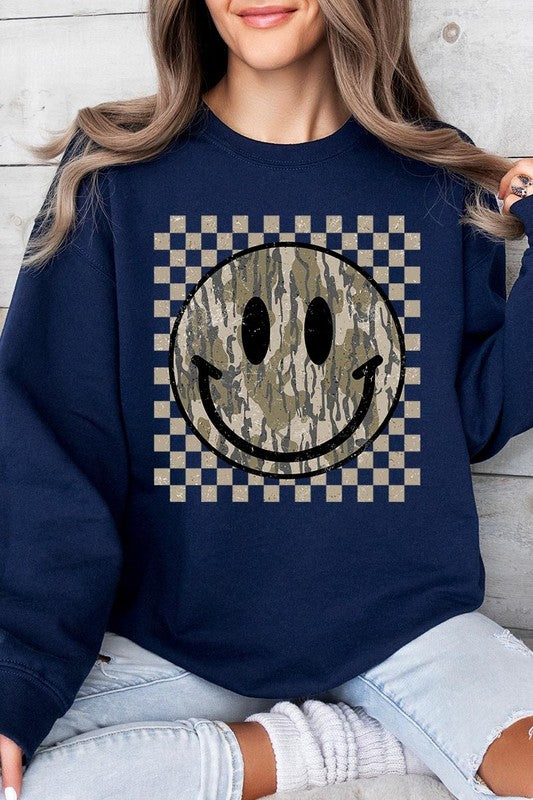 Retro Camo Smiley Face Plus Fleece Sweatshirts