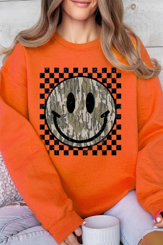 Retro Camo Smiley Face Plus Fleece Sweatshirts