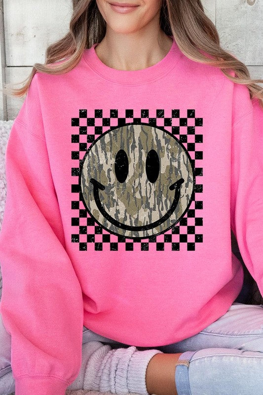 Retro Camo Smiley Face Plus Fleece Sweatshirts