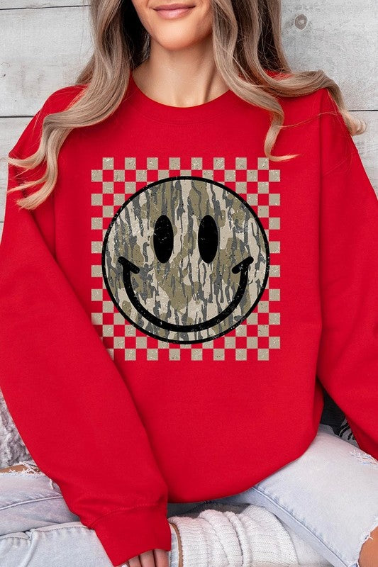 Retro Camo Smiley Face Plus Fleece Sweatshirts